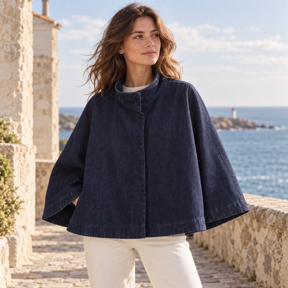Poncho Denim – Bleu Marine / S, Bleu Marine / L, Bleu Marine / M, visuel principal lifestyle