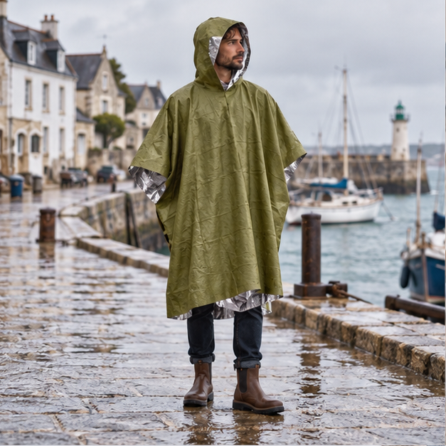 Poncho d'Urgence – Vert / Adulte, en situation sur la côte Atlantique