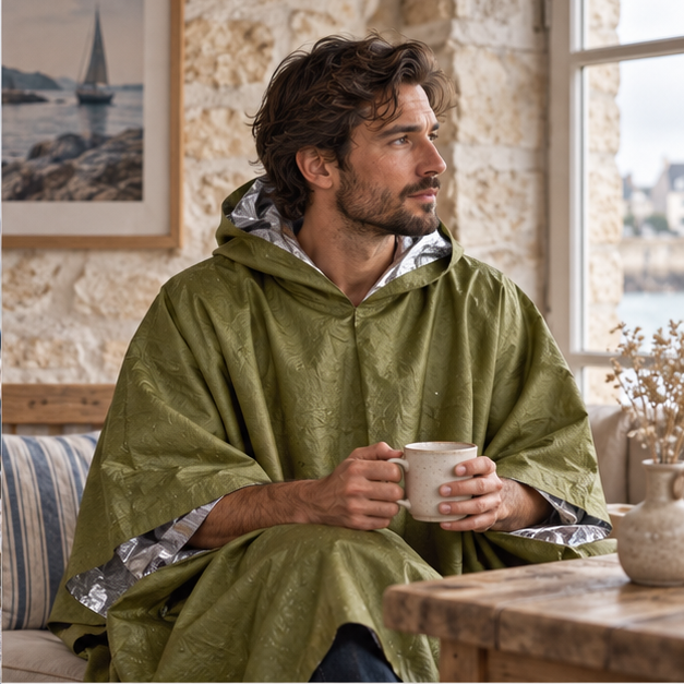 Poncho d'Urgence – Vert / Adulte, dans un intérieur côtier lumineux