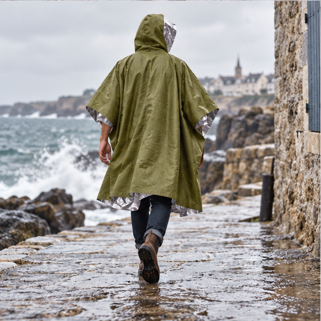 Poncho d'Urgence – Vert / Adulte, porté en mouvement au bord de l’océan