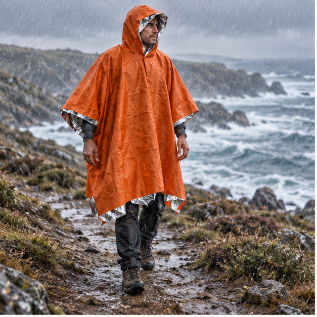 Poncho d'Urgence – Orange / Adulte, en situation sur la côte Atlantique