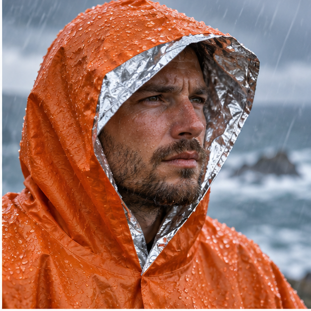 Poncho d'Urgence – Orange / Adulte, dans un intérieur côtier lumineux