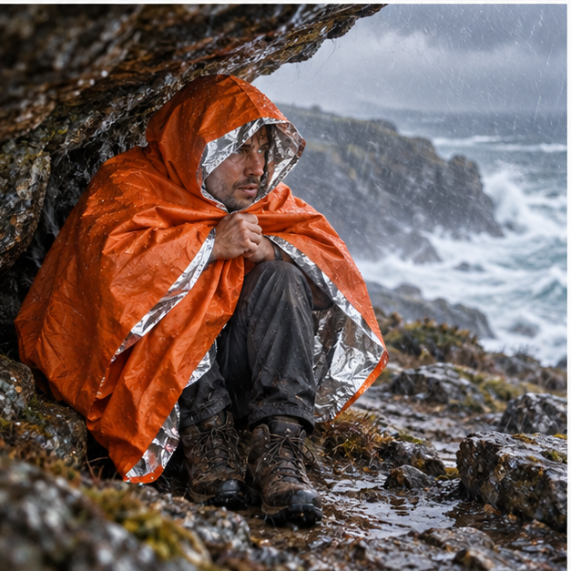 Poncho d'Urgence – Orange / Adulte, porté en mouvement au bord de l’océan