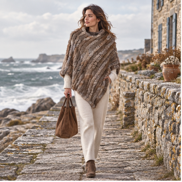 Poncho En Fourrure Lapin – Marron / Adulte, en situation sur la côte Atlantique
