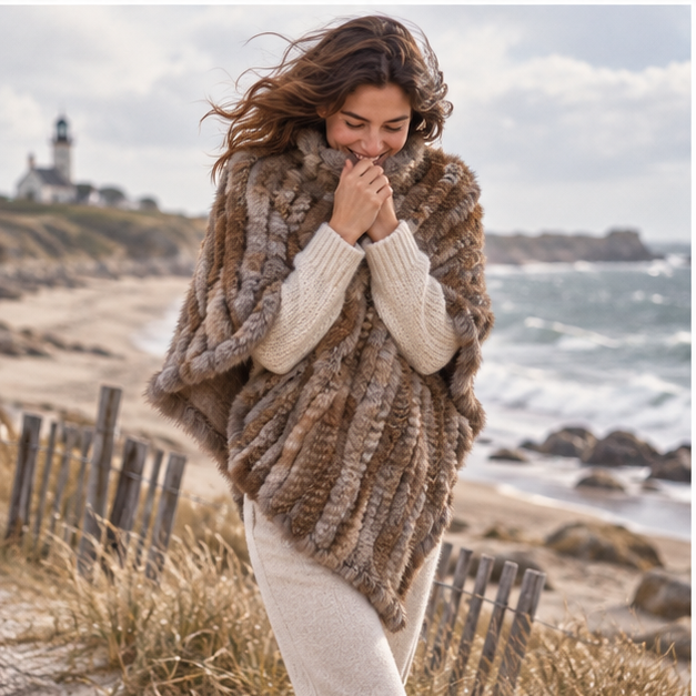 Poncho En Fourrure Lapin – Marron / Adulte, porté en mouvement au bord de l’océan