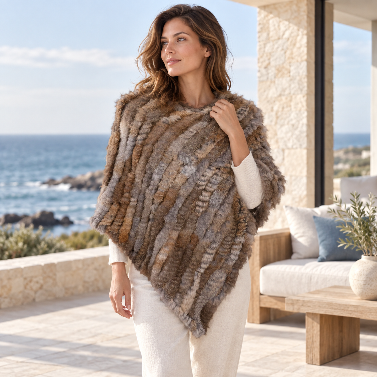 Poncho En Fourrure Lapin – Marron / Adulte, visuel principal lifestyle