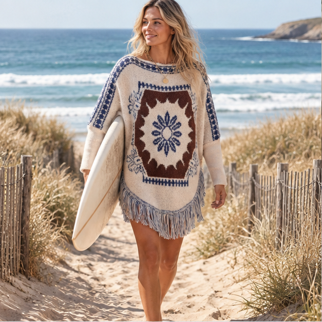 Poncho Ethnique Femme – Beige / Adulte, en situation sur la côte Atlantique
