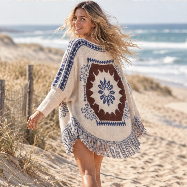 Poncho Ethnique Femme – Beige / Adulte, porté en mouvement au bord de l’océan