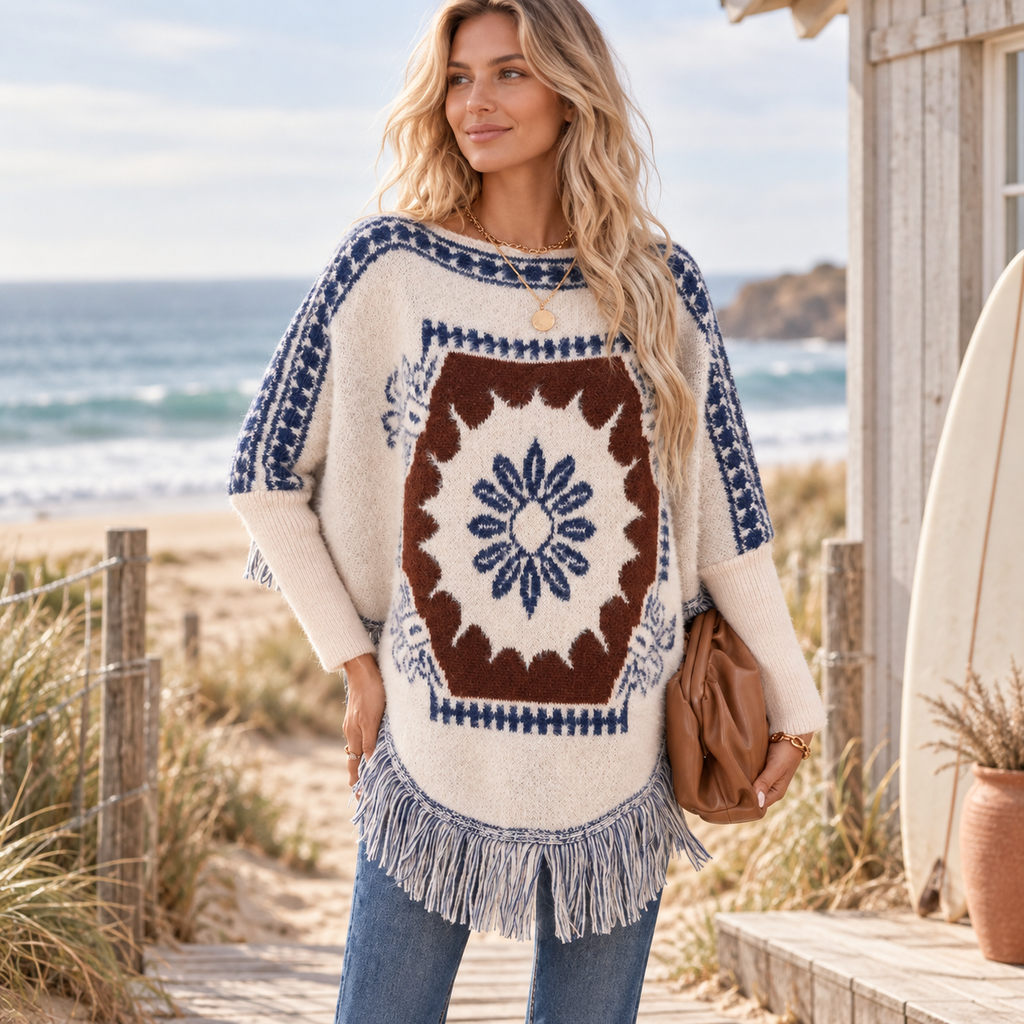 Poncho Ethnique Femme – Beige / Adulte, visuel principal lifestyle