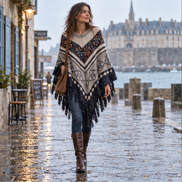 Poncho Ethnique Franges – Beige / Adulte, en situation sur la côte Atlantique