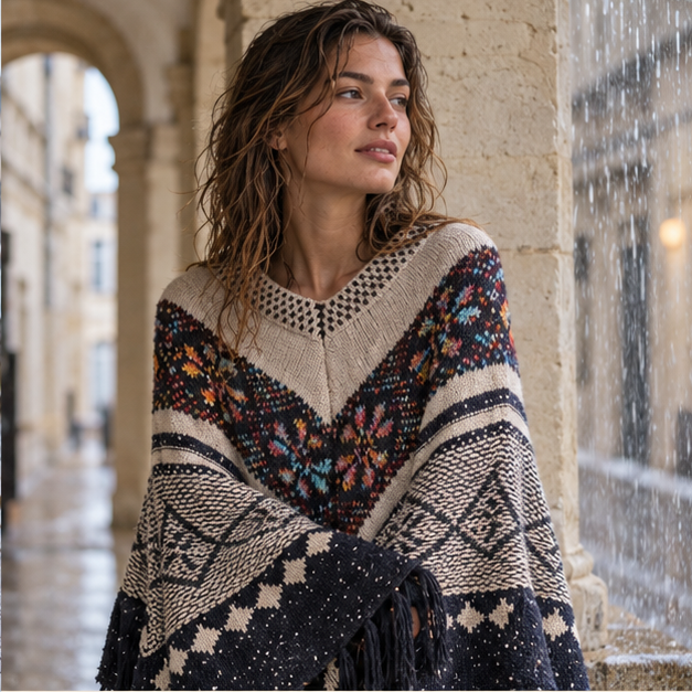 Poncho Ethnique Franges – Beige / Adulte, dans un intérieur côtier lumineux