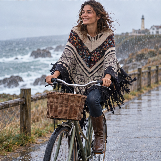 Poncho Ethnique Franges – Beige / Adulte, porté en mouvement au bord de l’océan