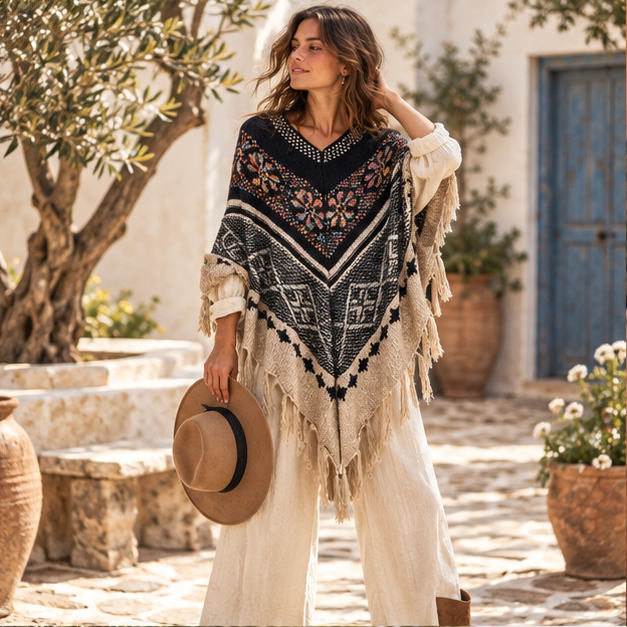 Poncho Ethnique Franges – Noir / Adulte, en situation sur la côte Atlantique