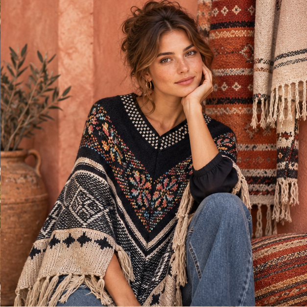 Poncho Ethnique Franges – Noir / Adulte, dans un intérieur côtier lumineux