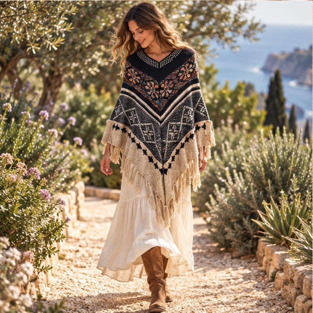 Poncho Ethnique Franges – Noir / Adulte, porté en mouvement au bord de l’océan