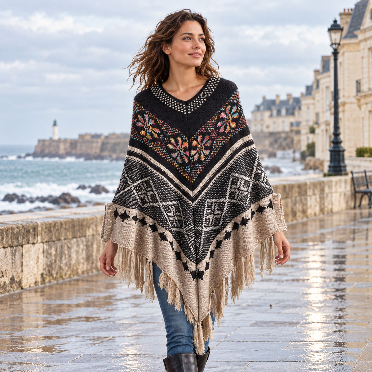 Poncho Ethnique Franges – Noir / Adulte, visuel principal lifestyle
