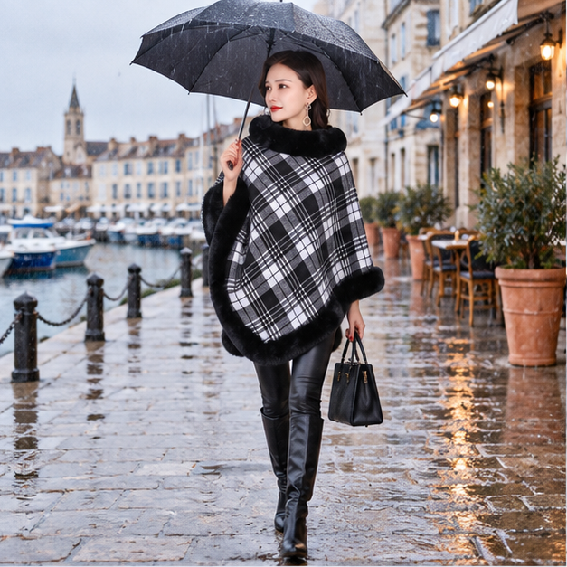 Poncho Femme Avec Finitions Fourrure – Blanc / Adulte, en situation sur la côte Atlantique