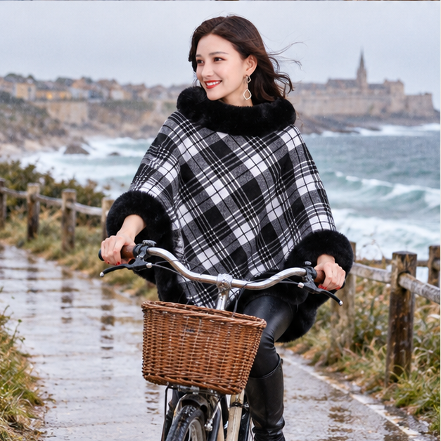 Poncho Femme Avec Finitions Fourrure – Blanc / Adulte, porté en mouvement au bord de l’océan