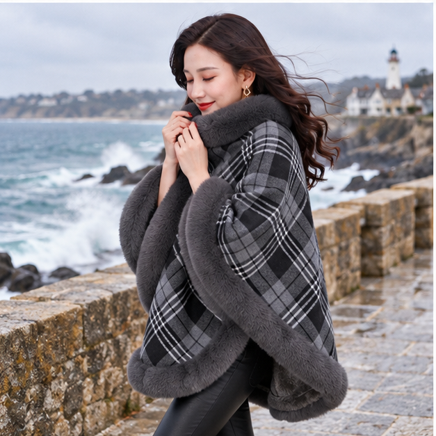 Poncho Femme Avec Finitions Fourrure – Gris / Adulte, porté en mouvement au bord de l’océan
