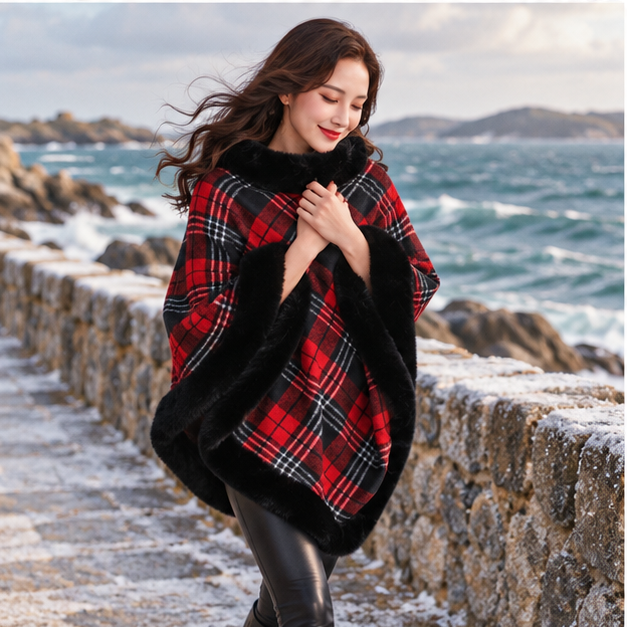 Poncho Femme Avec Finitions Fourrure – Noir / Adulte, porté en mouvement au bord de l’océan