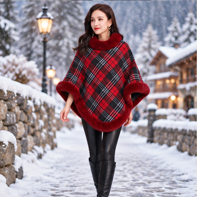 Poncho Femme Avec Finitions Fourrure – Rouge / Adulte, porté en mouvement au bord de l’océan