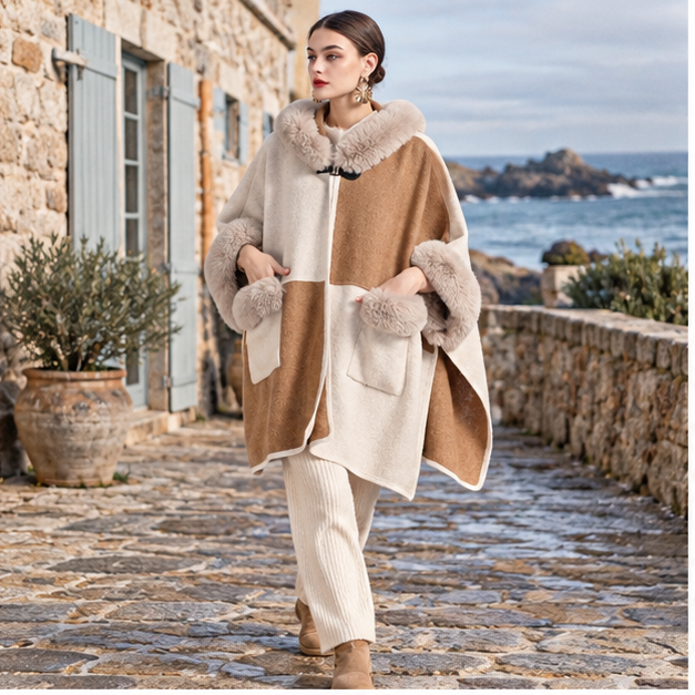 Poncho Femme Avec Fourrure – Beige / Adulte, en situation sur la côte Atlantique