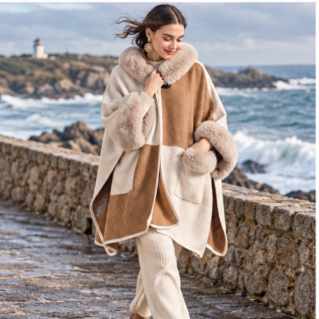 Poncho Femme Avec Fourrure – Beige / Adulte, porté en mouvement au bord de l’océan