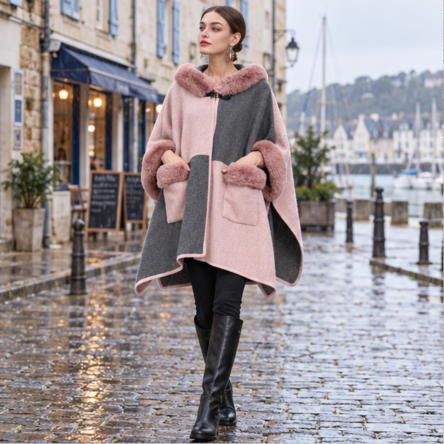 Poncho Femme Avec Fourrure – Rose / Adulte, en situation sur la côte Atlantique
