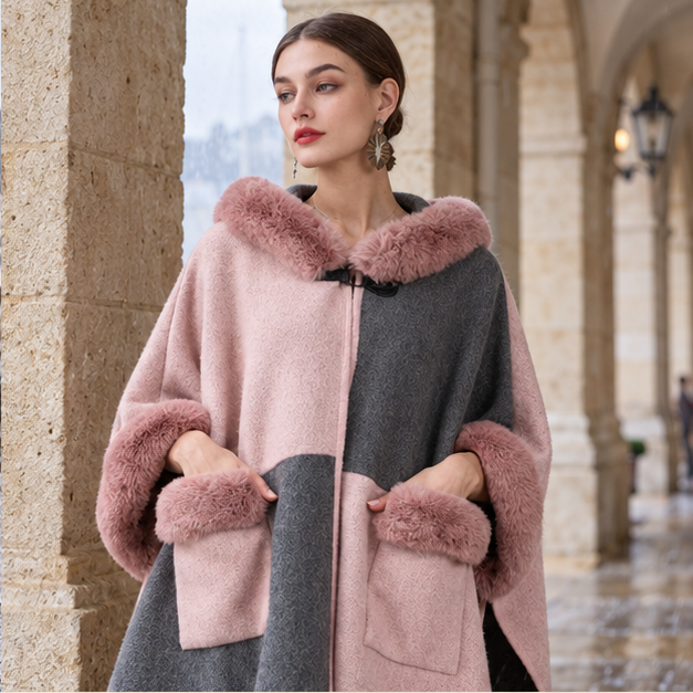 Poncho Femme Avec Fourrure – Rose / Adulte, dans un intérieur côtier lumineux