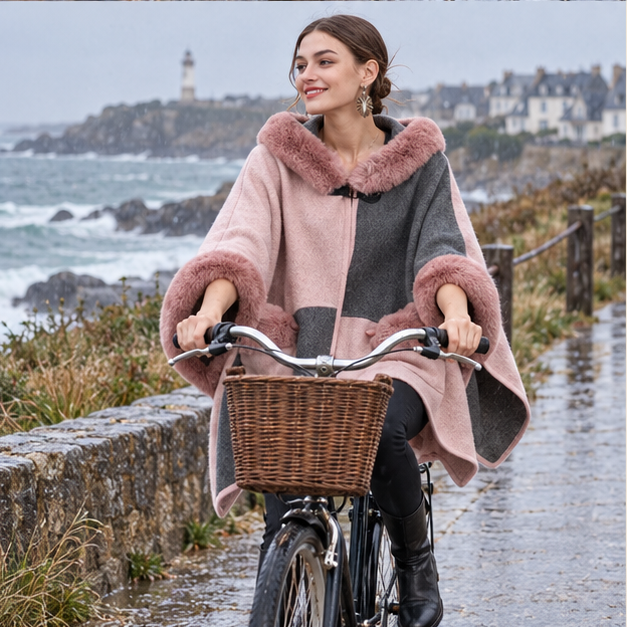 Poncho Femme Avec Fourrure – Rose / Adulte, porté en mouvement au bord de l’océan