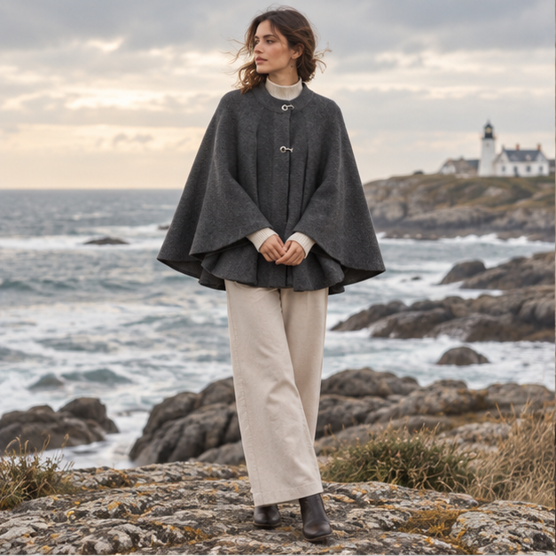 Poncho Femme Gris – Gris / S, Gris / M, Gris / L, en situation sur la côte Atlantique