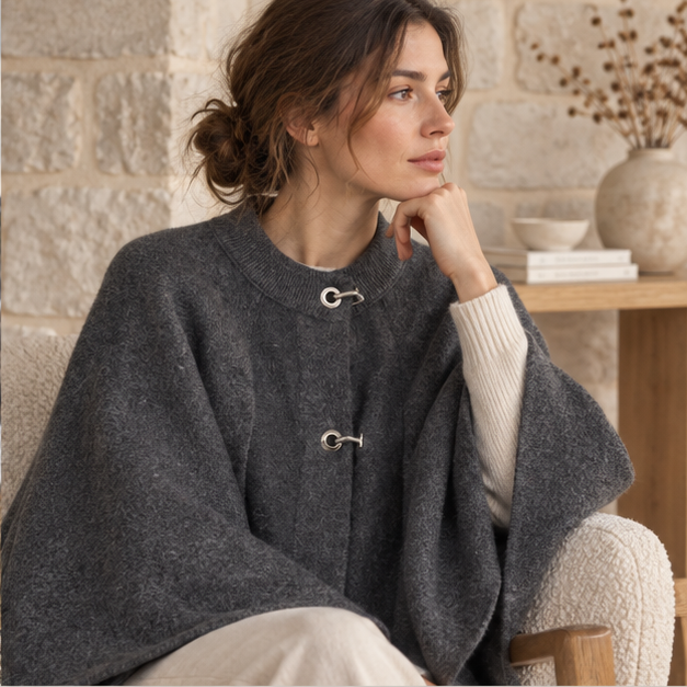 Poncho Femme Gris – Gris / S, Gris / M, Gris / L, dans un intérieur côtier lumineux
