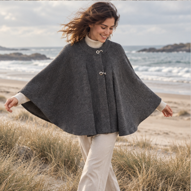 Poncho Femme Gris – Gris / S, Gris / M, Gris / L, porté en mouvement au bord de l’océan