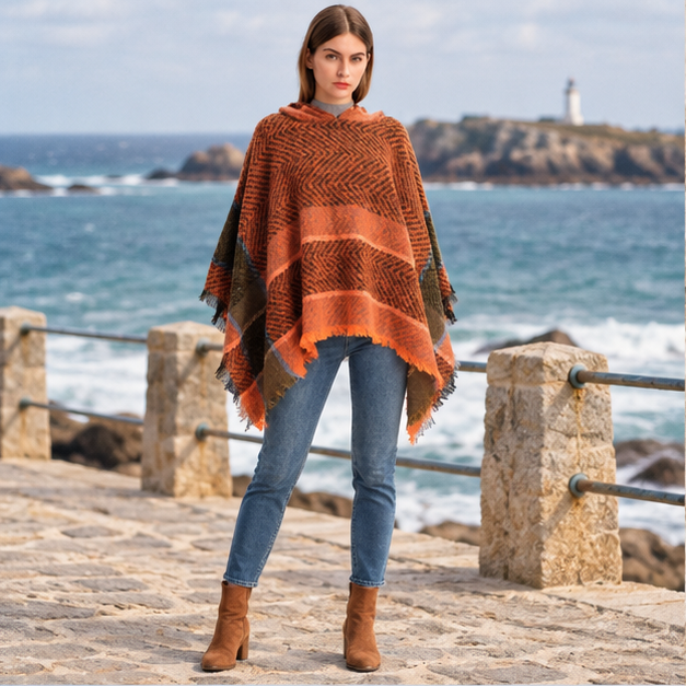 Poncho Femme Orange – Orange / Adulte, en situation sur la côte Atlantique