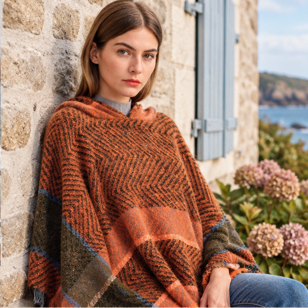 Poncho Femme Orange – Orange / Adulte, dans un intérieur côtier lumineux