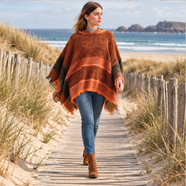 Poncho Femme Orange – Orange / Adulte, porté en mouvement au bord de l’océan