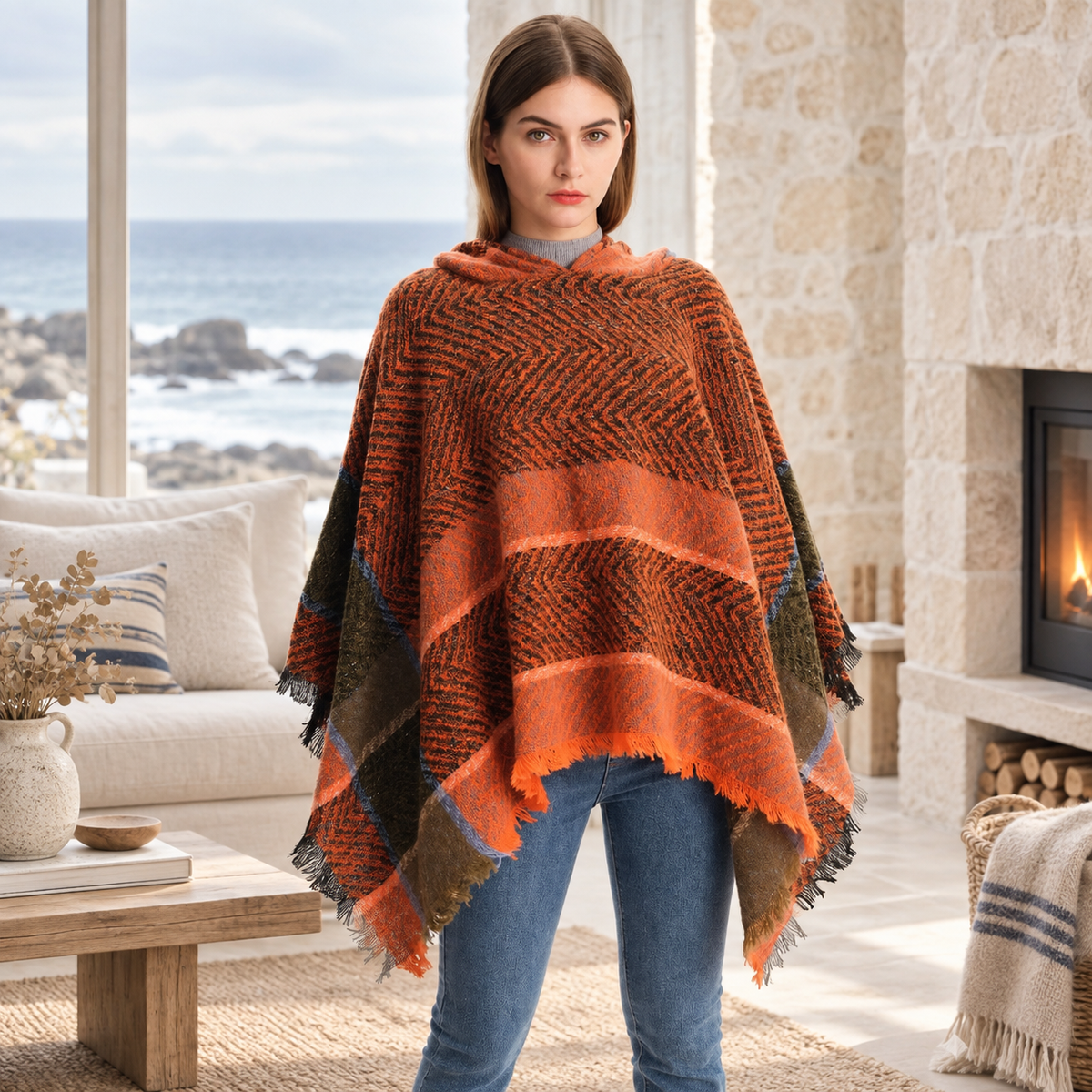 Poncho Femme Orange – Orange / Adulte, visuel principal lifestyle