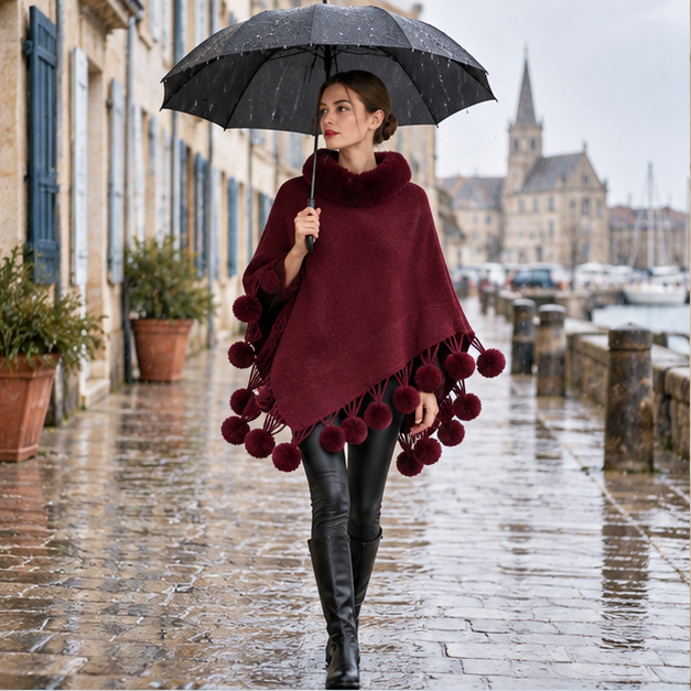 Poncho Femme Pompon – Bordeaux / Adulte, en situation sur la côte Atlantique
