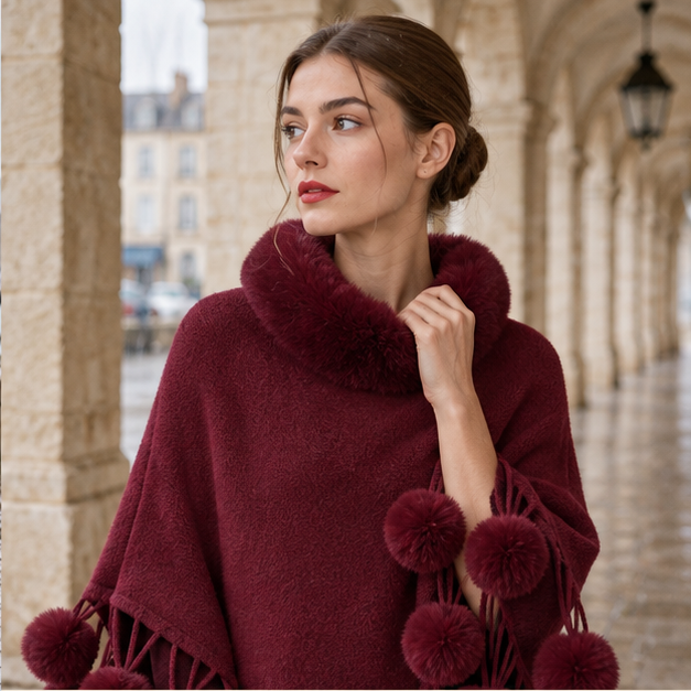 Poncho Femme Pompon – Bordeaux / Adulte, dans un intérieur côtier lumineux