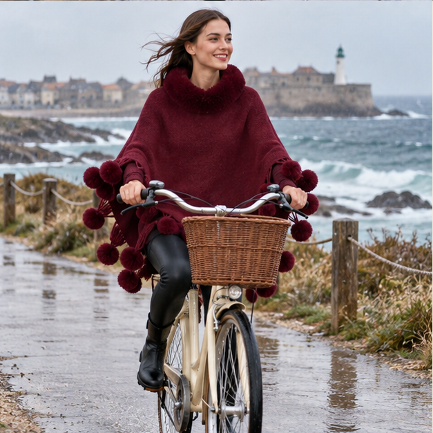 Poncho Femme Pompon – Bordeaux / Adulte, porté en mouvement au bord de l’océan