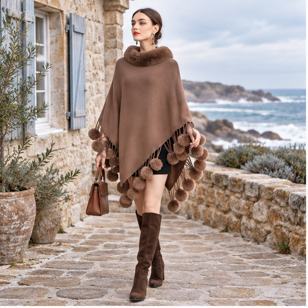 Poncho Femme Pompon – Marron / Adulte, en situation sur la côte Atlantique