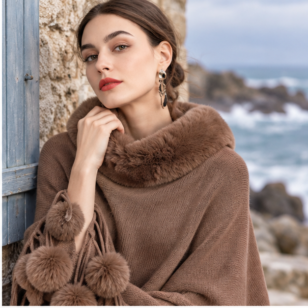 Poncho Femme Pompon – Marron / Adulte, dans un intérieur côtier lumineux
