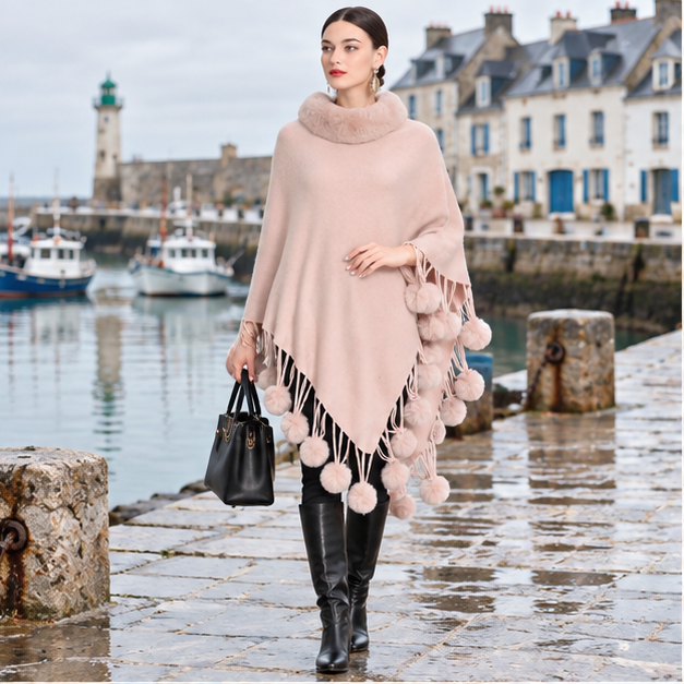 Poncho Femme Pompon – Rose / Adulte, en situation sur la côte Atlantique