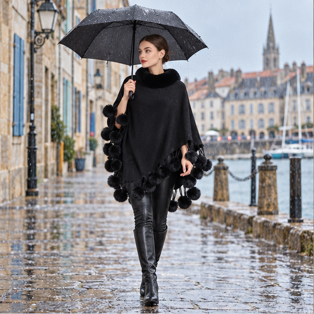 Poncho Femme Pompon – Noir / Adulte, en situation sur la côte Atlantique