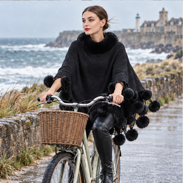 Poncho Femme Pompon – Noir / Adulte, porté en mouvement au bord de l’océan