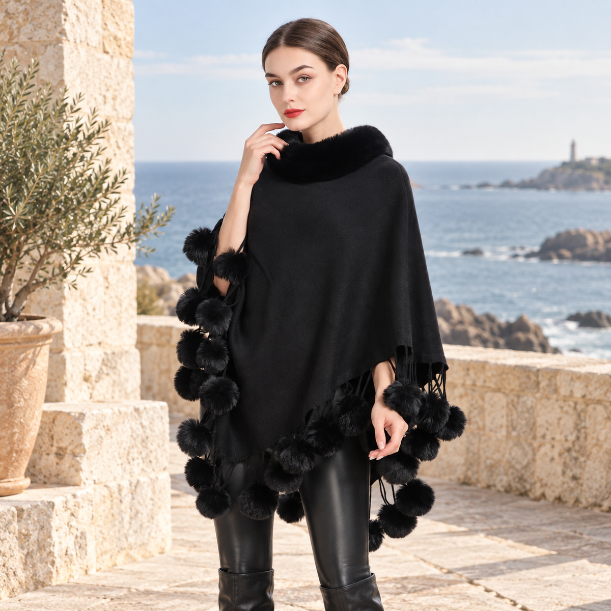 Poncho Femme Pompon – Noir / Adulte, visuel principal lifestyle