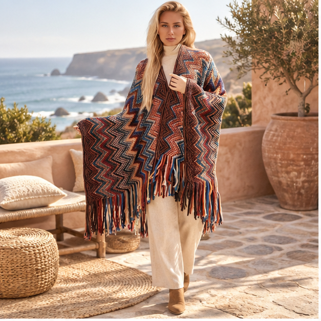 Poncho Femme Style Péruvien, en situation sur la côte Atlantique