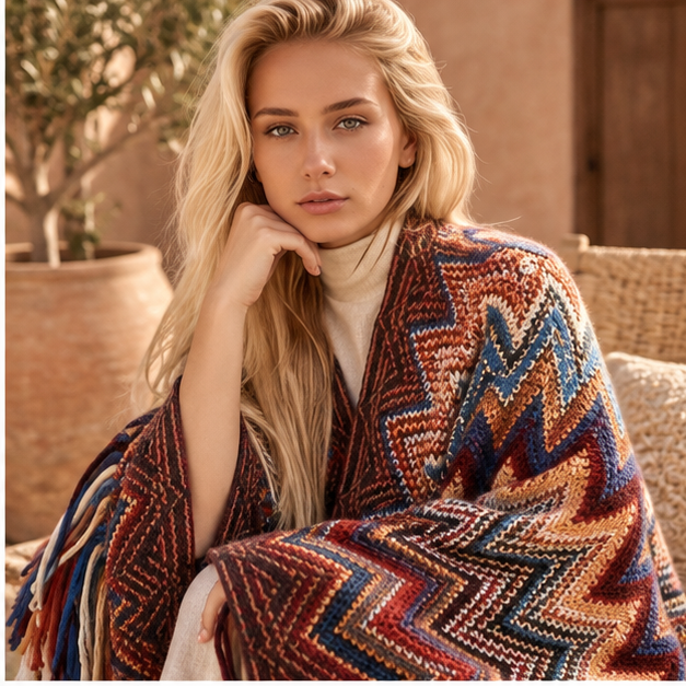 Poncho Femme Style Péruvien, dans un intérieur côtier lumineux