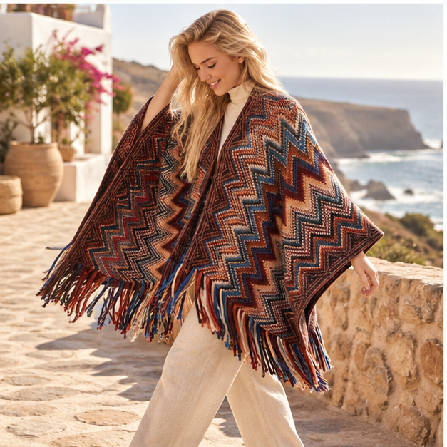 Poncho Femme Style Péruvien, porté en mouvement au bord de l’océan