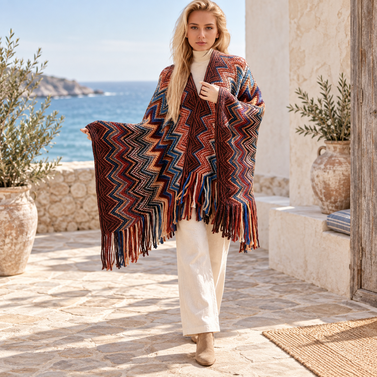Poncho Femme Style Péruvien, visuel principal lifestyle